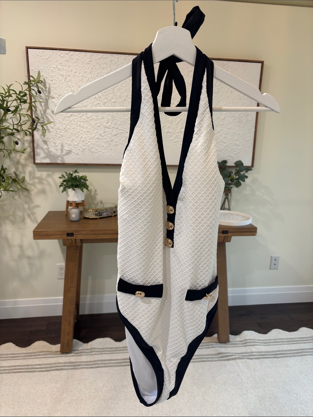 Cupshe White Textured Halter One-Piece with Black Trim